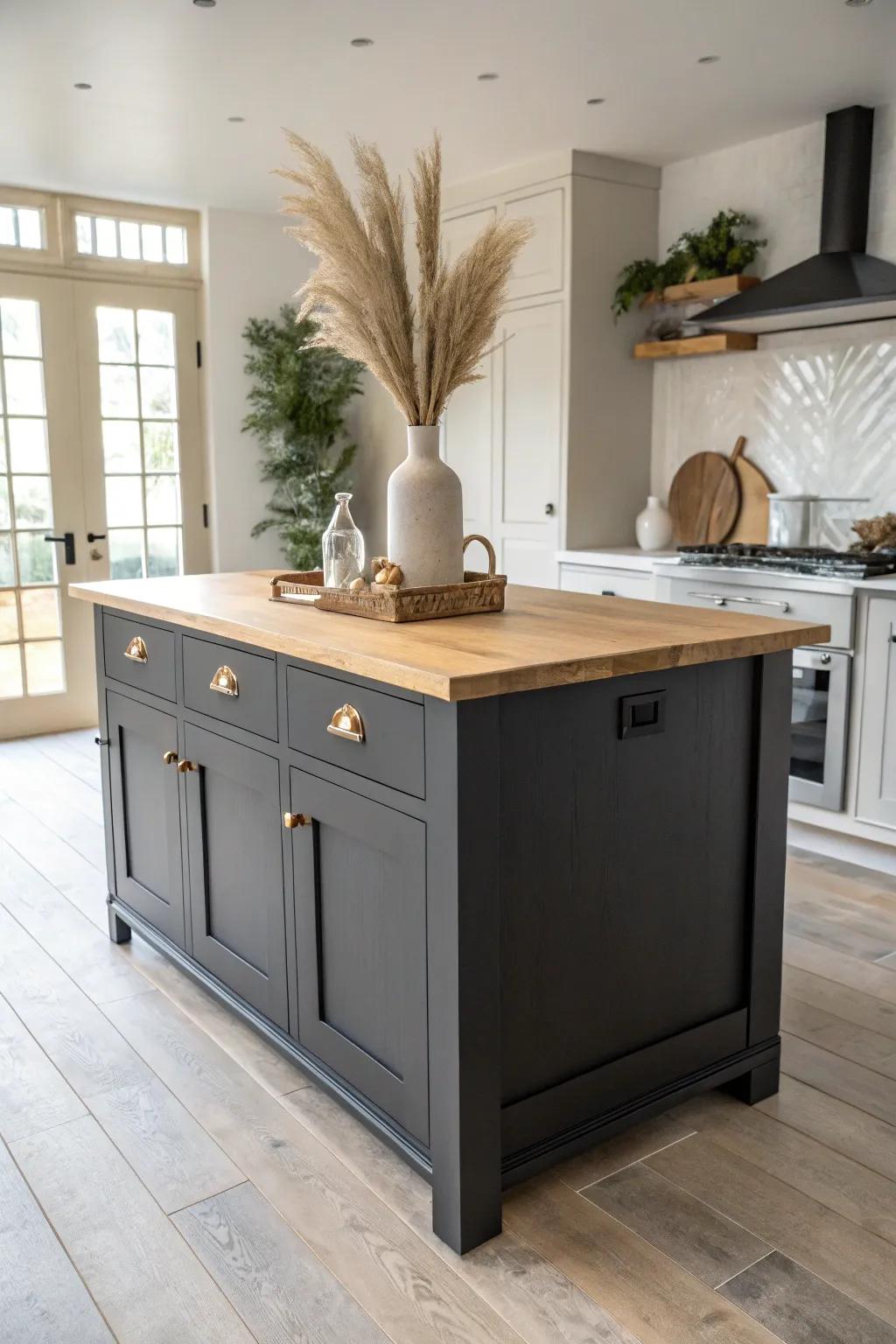 A chic two-tone kitchen island: charcoal base + light oak top for a custom modern-farmhouse look.