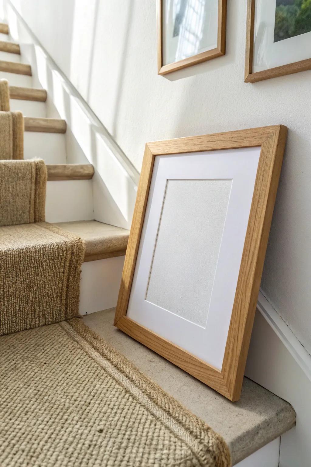 Plan a staircase gallery wall: matching handmade oak frames + paper templates for perfect slope.