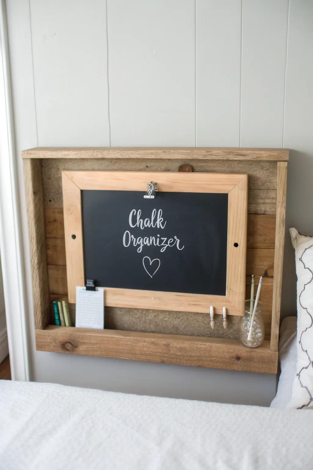 Old headboard, new purpose: a chic chalkboard message center with a slim handmade shelf.