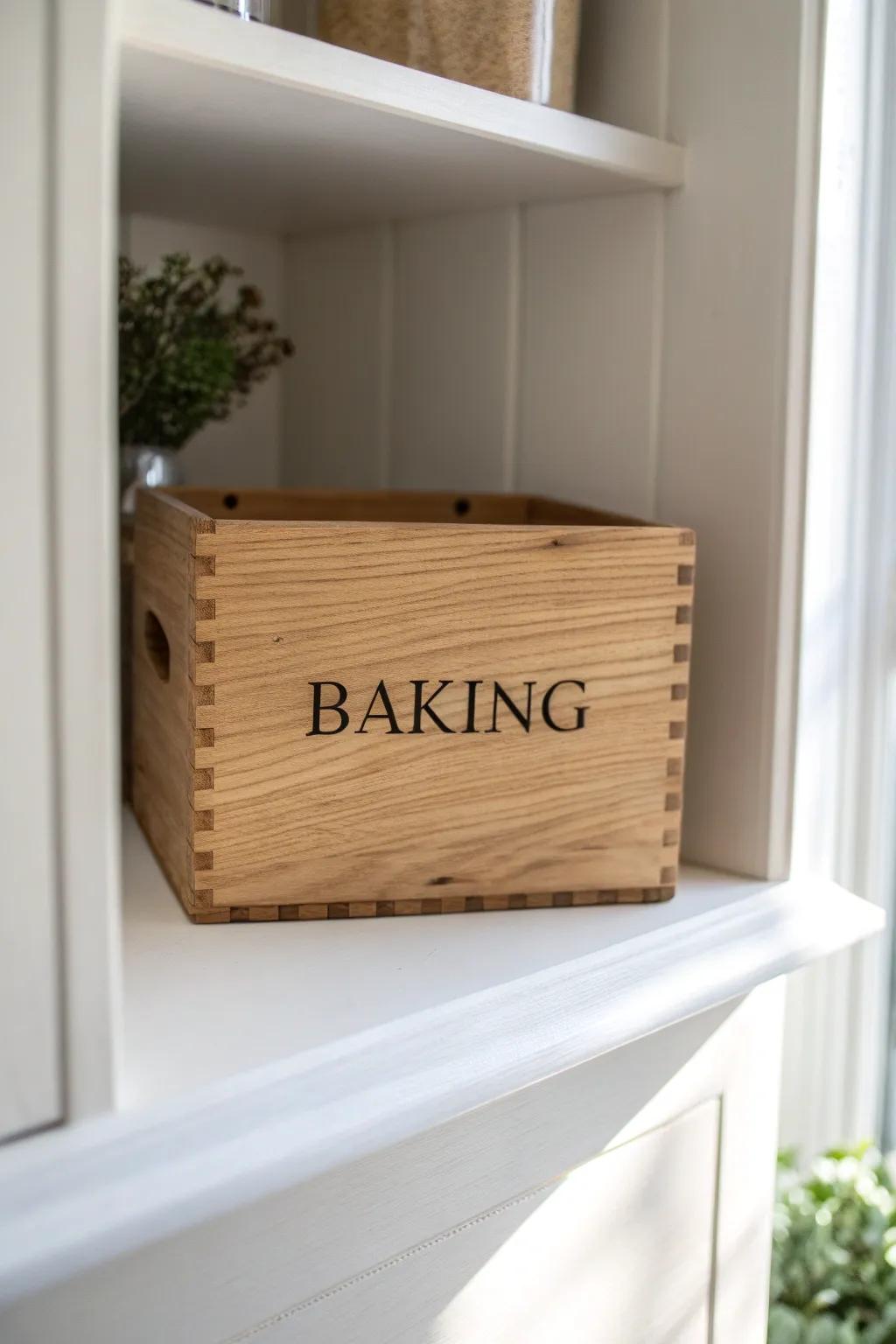 Big, simple labels on pretty wood bins make corner-cabinet organization effortless.