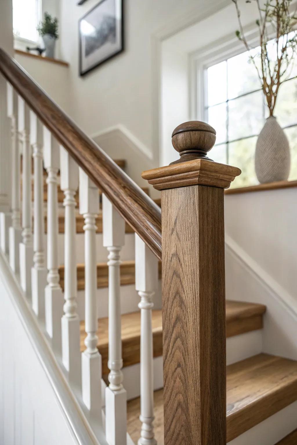 Dark-stained handrail + light spindles: a simple contrast that makes the landing feel designed.