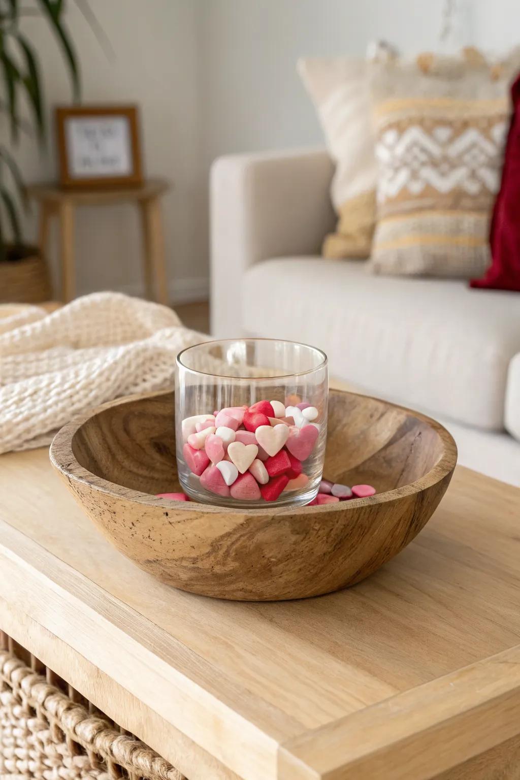 Candy hearts in a glass, tucked into a wooden dough bowl with neutral kraft filler.