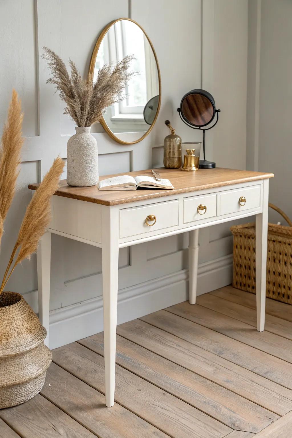 Vintage writing desk makeover: soft-white vanity with brass pulls and honest patina—minimal boho charm.