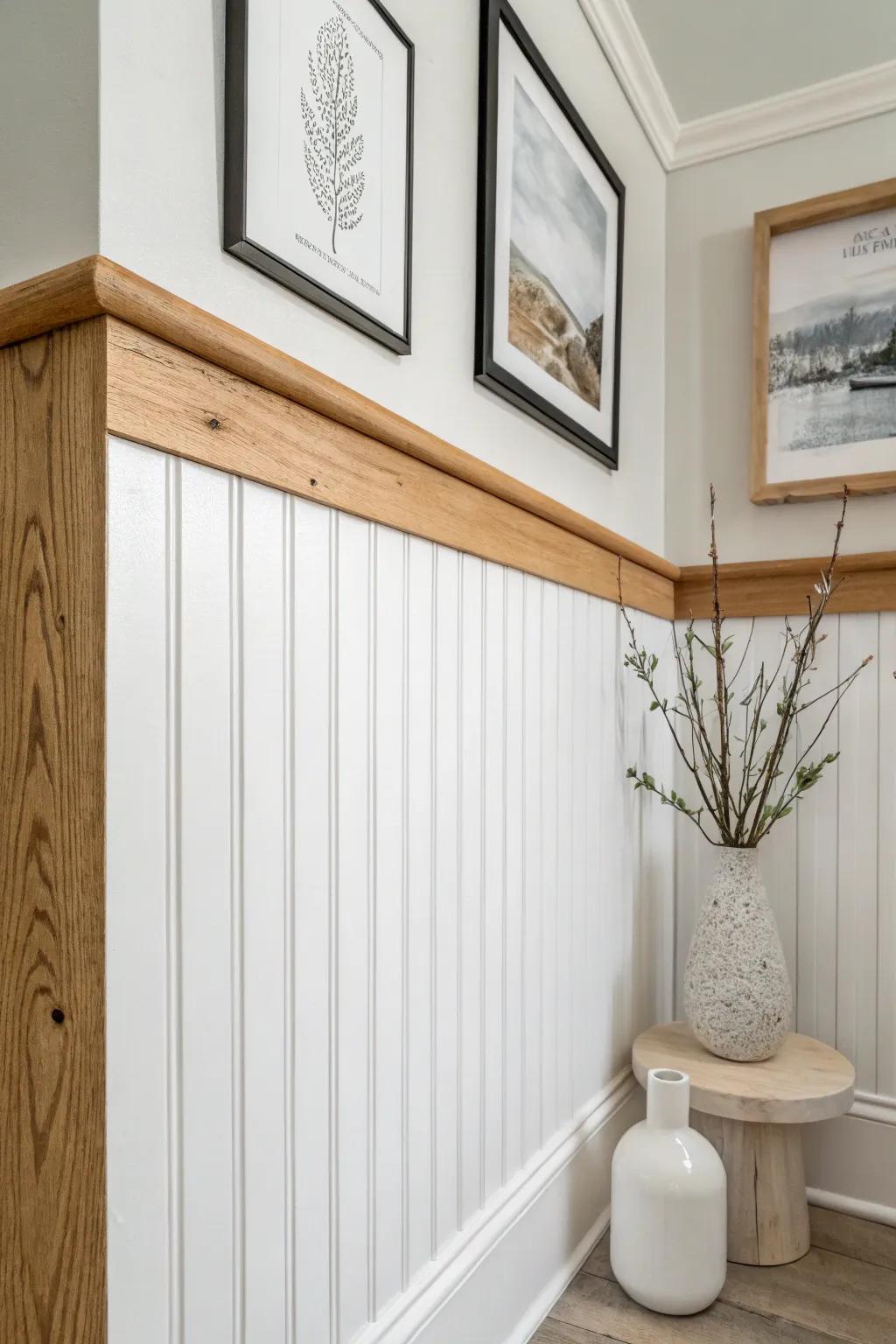 Extra-tall vertical shiplap with a chunky ledge—perfect for prints and a touch of green.