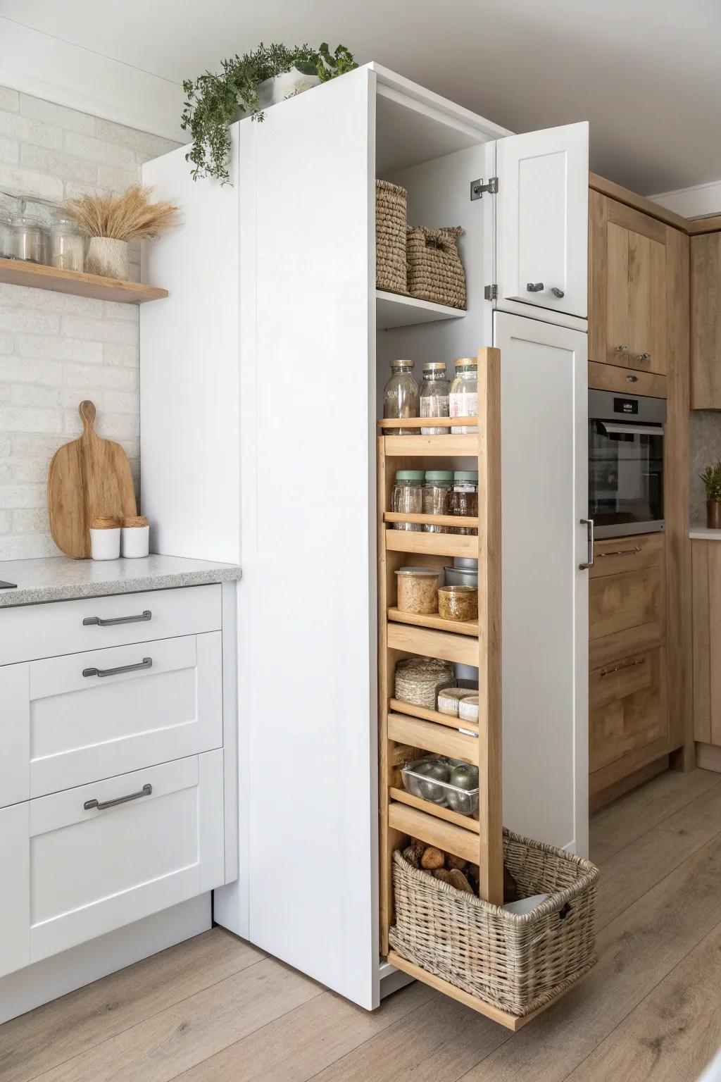 A slim pull-out pantry tower turns that tiny fridge gap into beautiful vertical storage.