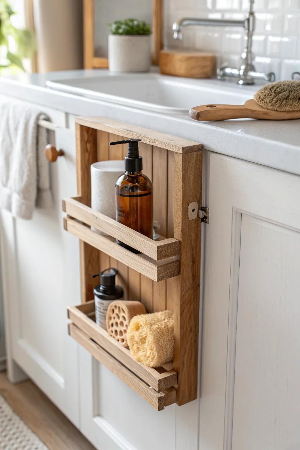 Door-mounted scrap-wood shelf turns unused cabinet space into tidy storage for tiny kitchens.