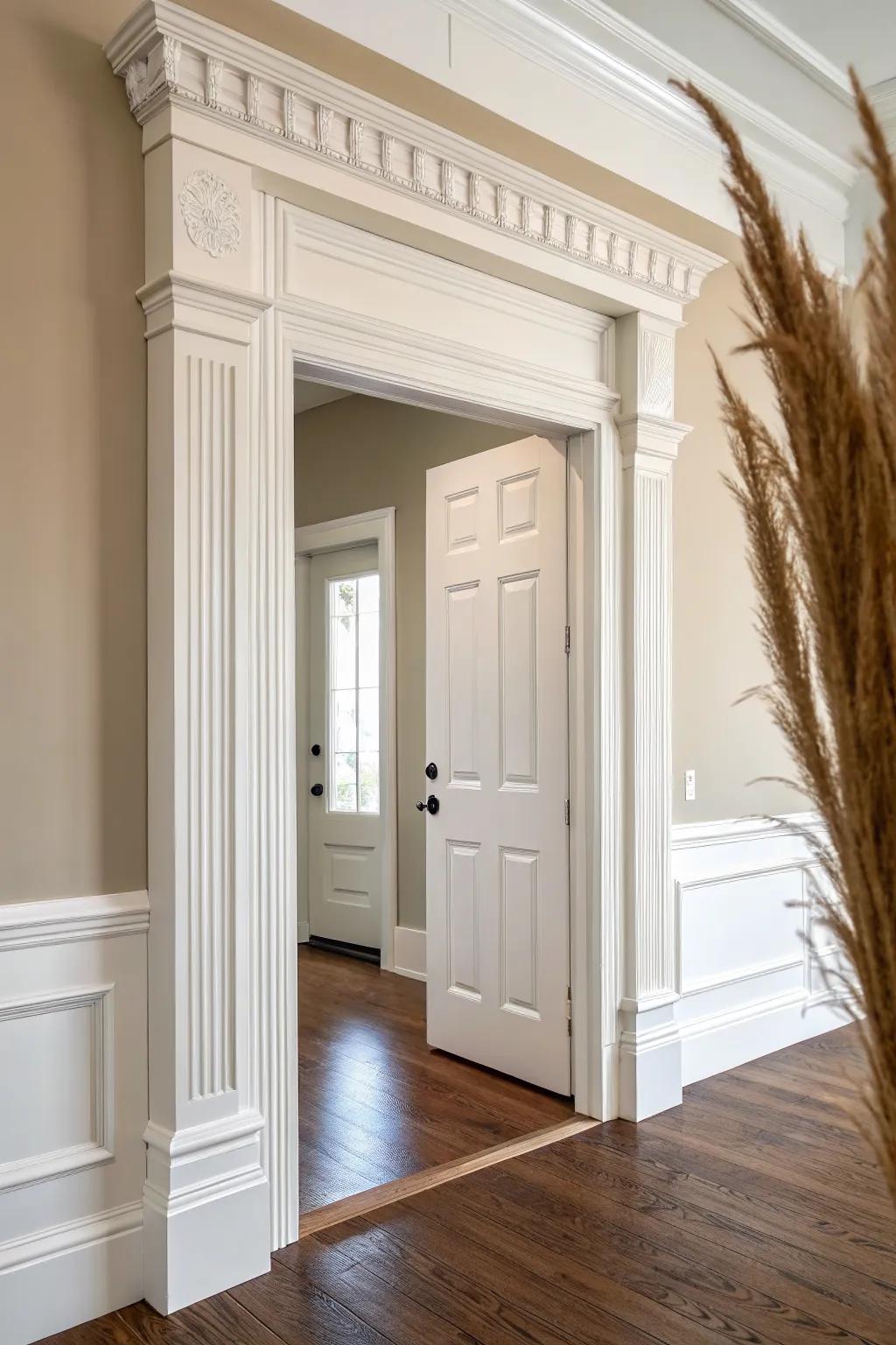 Layered wood trim and tall baseboards instantly give your foyer that grand Victorian feel.