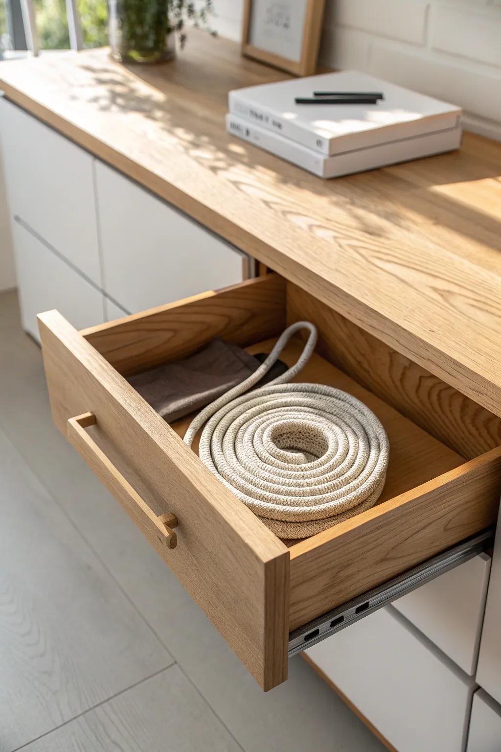 A sleek oak pull-out tray keeps your console accessible—without tugging cords in tight cabinets.