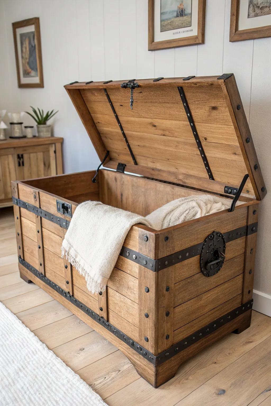A rustic iron-strapped Viking chest—minimal, warm, and perfect for stashing cozy blankets.