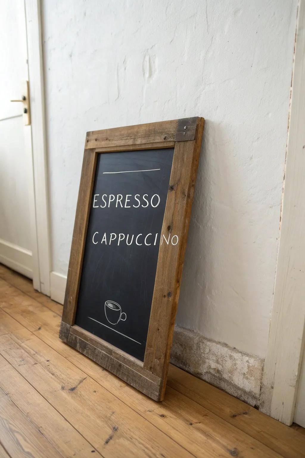 A reclaimed-wood framed chalkboard menu adds vintage coffeehouse charm with handmade character.