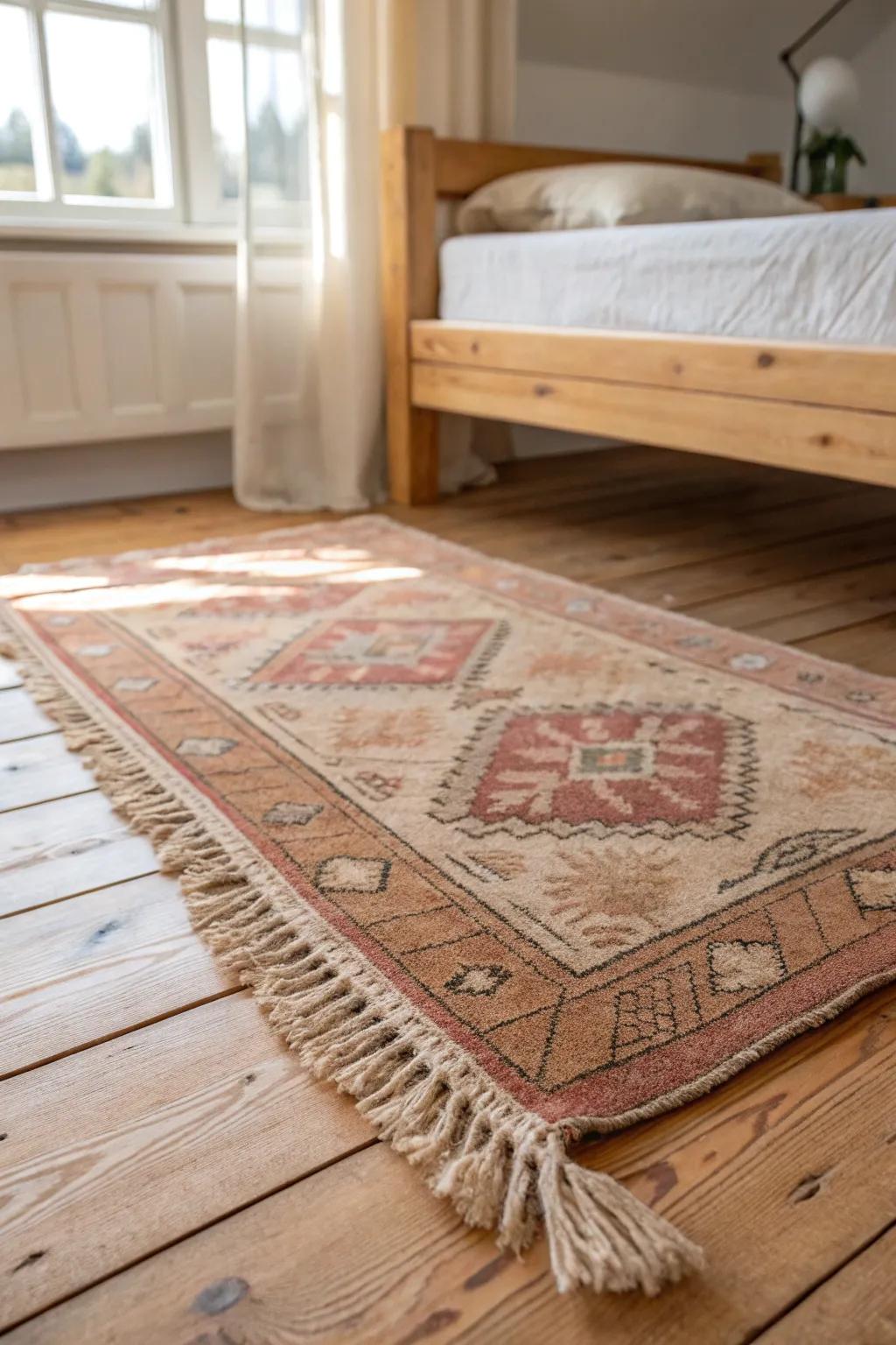 A sun-faded vintage rug peeking from under the bed adds instant cottage calm.