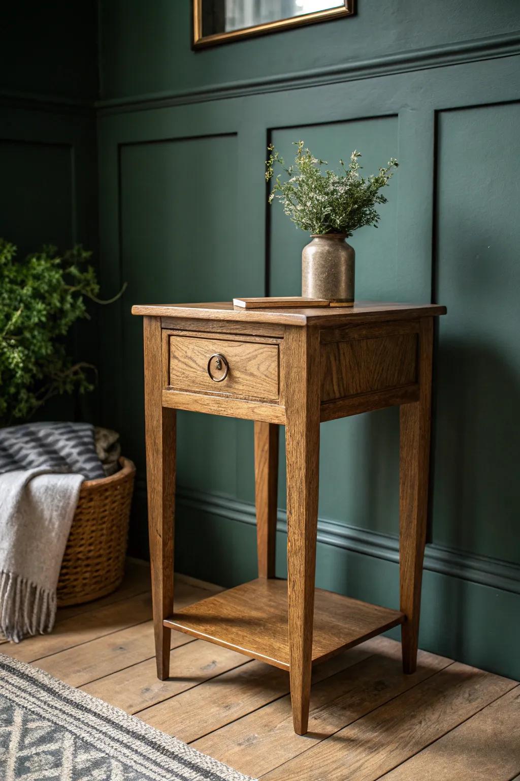 Moody charcoal walls make warm wood glow—an effortless vintage-eclectic bedroom moment.