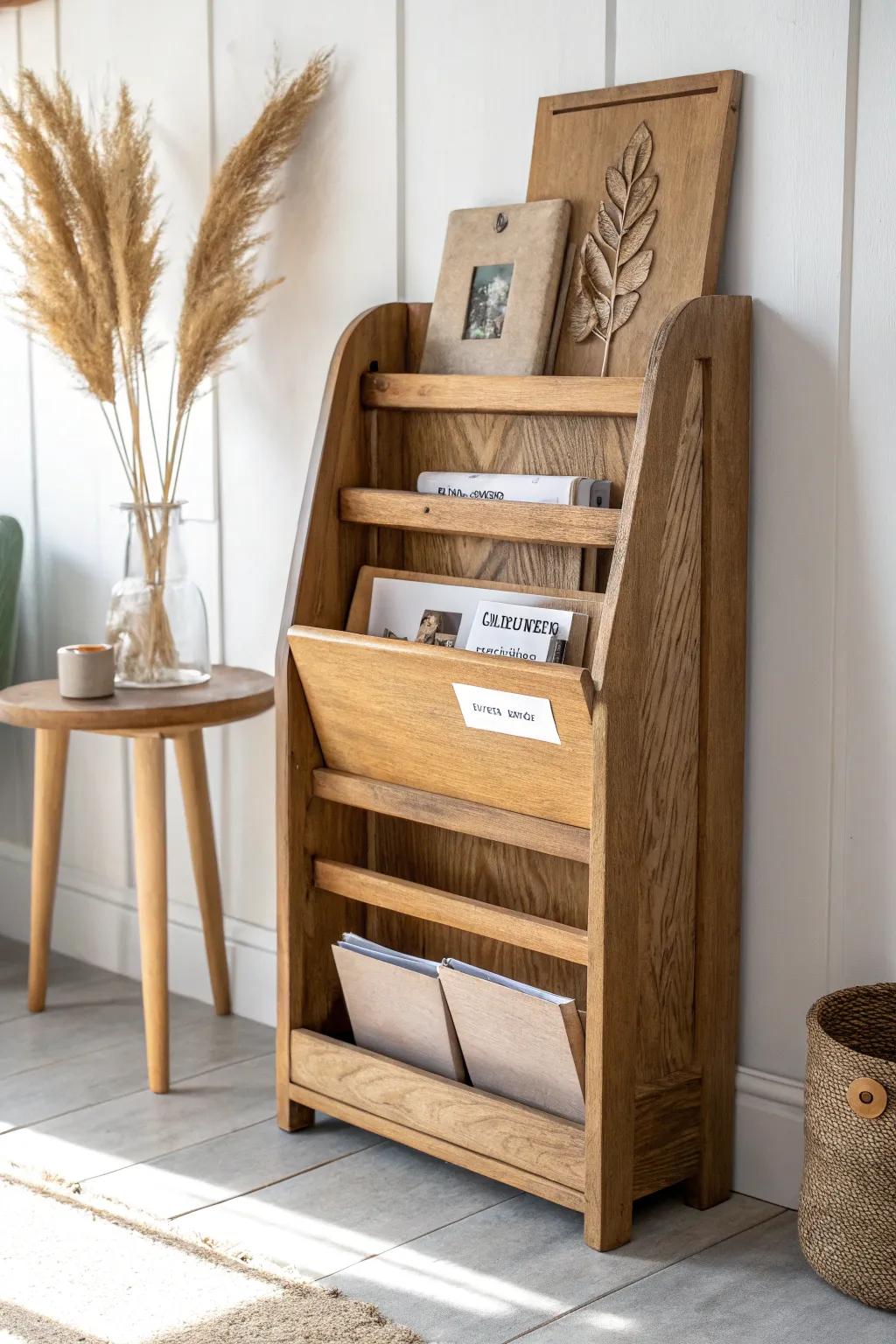 Vintage wooden magazine rack by the door—an effortless, pretty mail sorter with tabbed folders.