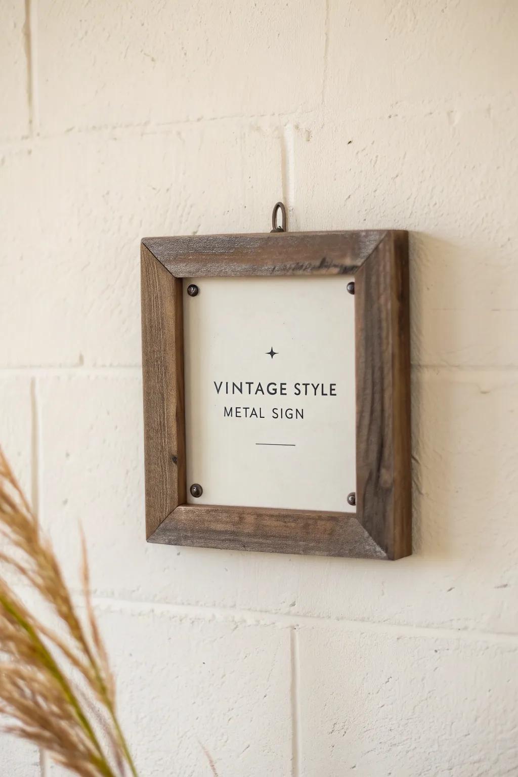 A vintage metal sign in a weathered oak frame—gallery-wall charm with clean, cozy contrast.