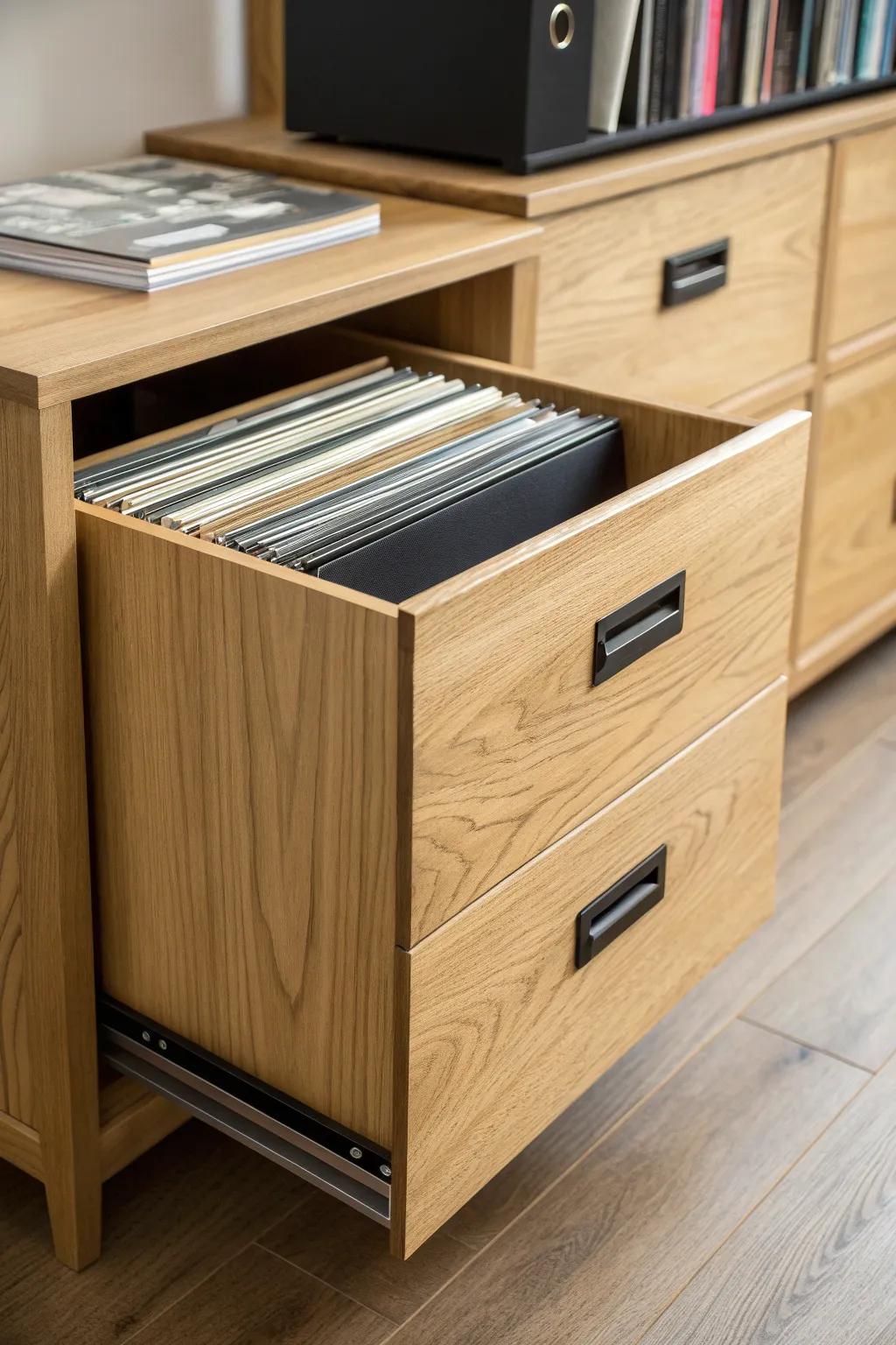 Smooth-glide pull-out tray keeps vinyl upright—minimal oak craftsmanship for easy browsing.