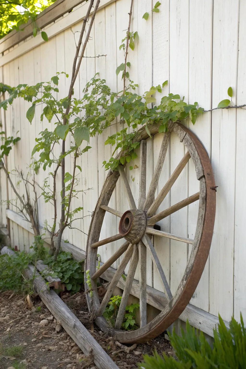 A rustic wagon wheel becomes an elegant vine trellis—simple, steady, and beautifully natural.