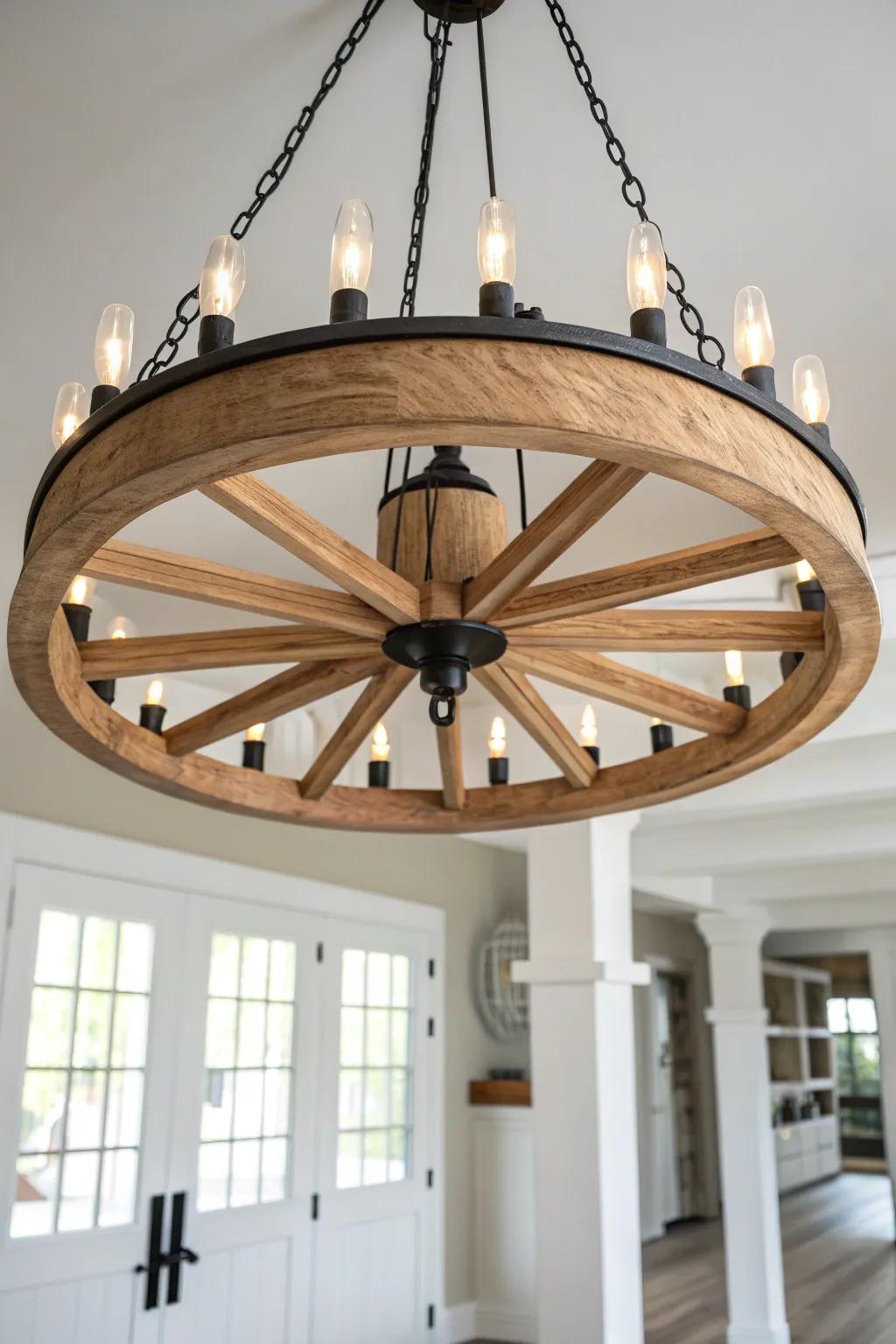 Two stacked wagon wheels, warm oak and soft glow—an airy statement chandelier with modern calm.