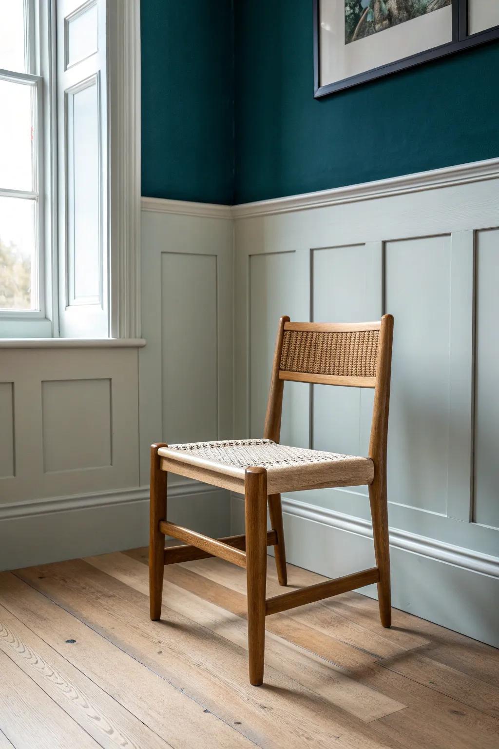 Two-tone wainscoting: creamy panels below, moody wall above—instant dining room drama.