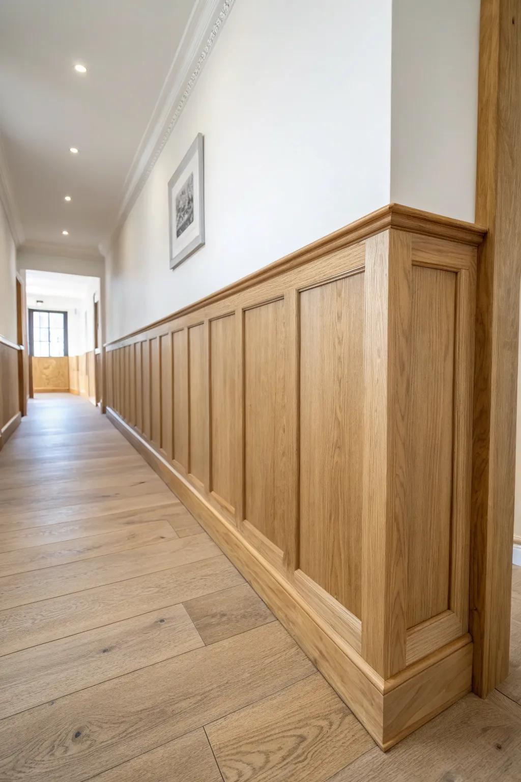 Low, light-wood wainscoting makes a small living room feel longer, with breathing room above.