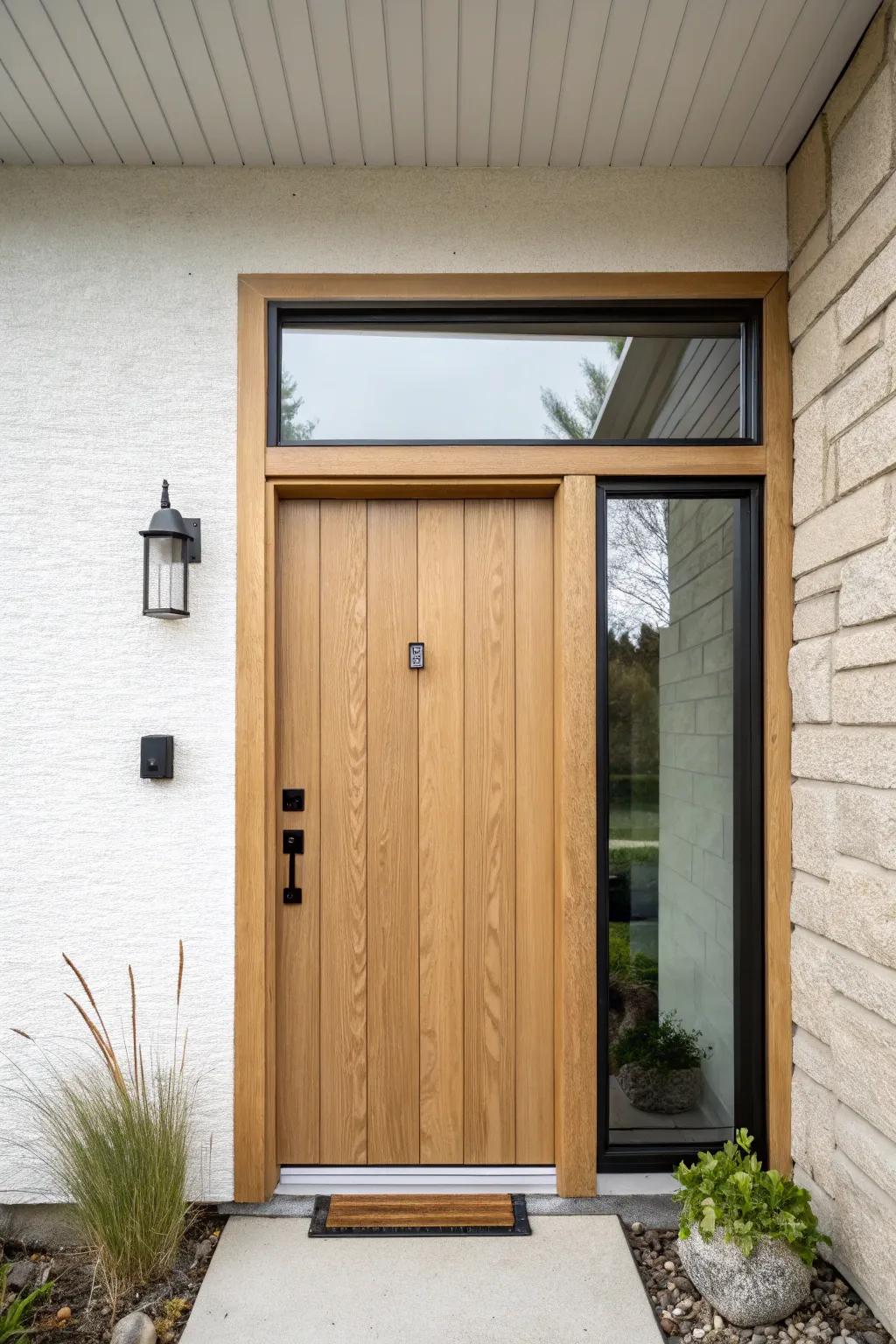 A solid oak basement door with a frosted transom—bright stairwell light, total privacy.
