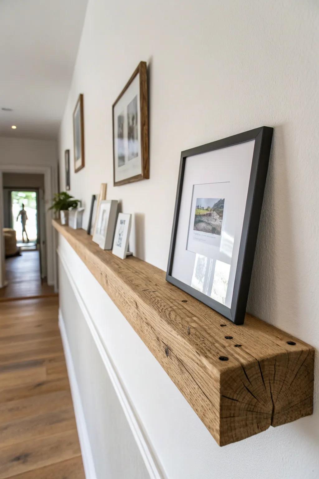A rustic wall beam becomes a minimalist picture ledge—warm wood, simple frames, endless swaps.