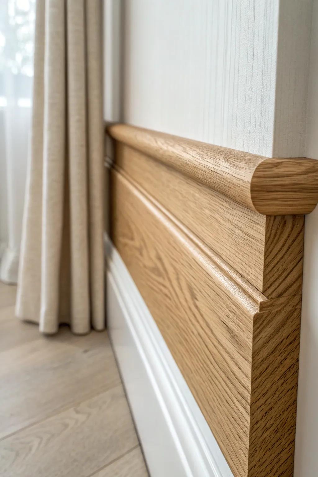Elevate your walls with a high plate-rail trim—vintage charm and a ledge for art.