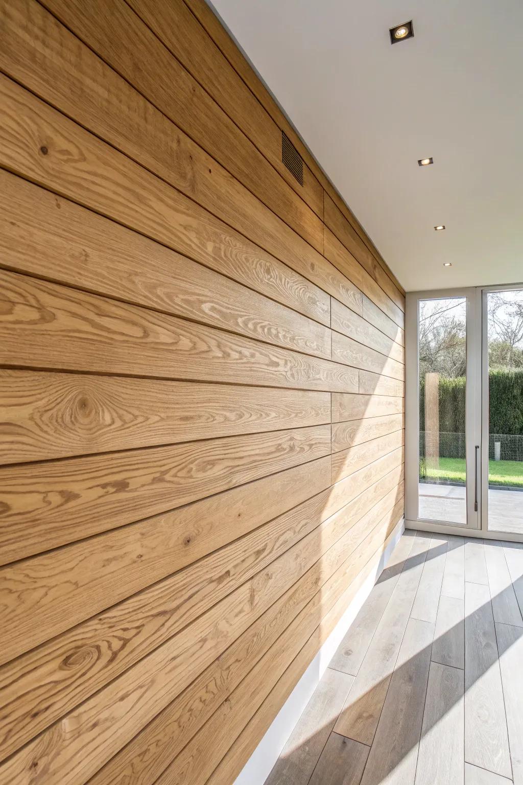 Horizontal laminate planks visually widen narrow spaces—warm oak tones with calm Scandinavian contrast.