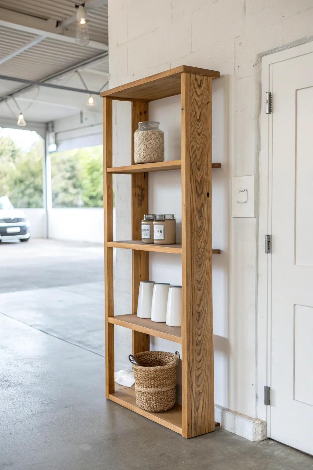 Corner wraparound wall shelves turn unused garage corners into calm, beautiful storage.