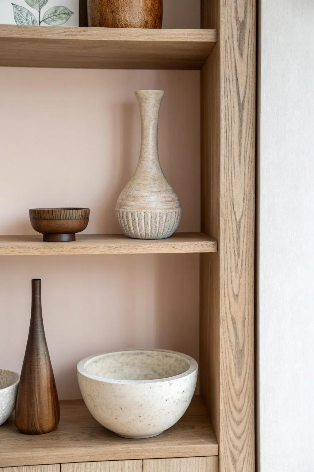 Mix tall, medium, and small pieces on one shelf to add movement and depth to your wall unit.