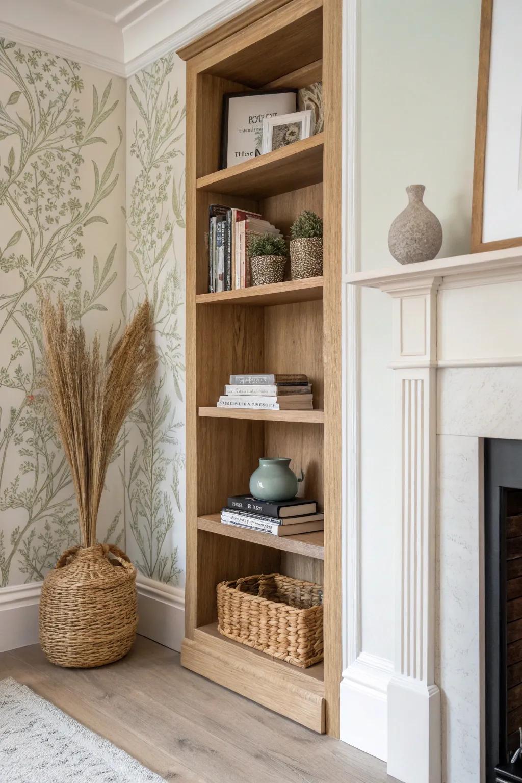 Wallpapered oak built-in by the fireplace, styled minimal—soft boho texture and clean contrast.