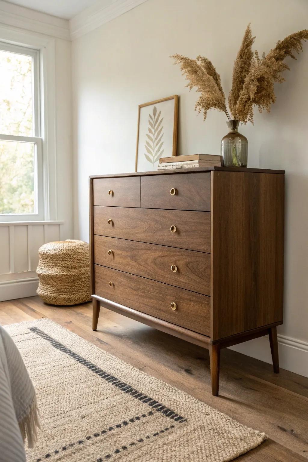 Mid-century walnut dresser with tapered legs—simple, buttery grain, and timeless retro warmth.