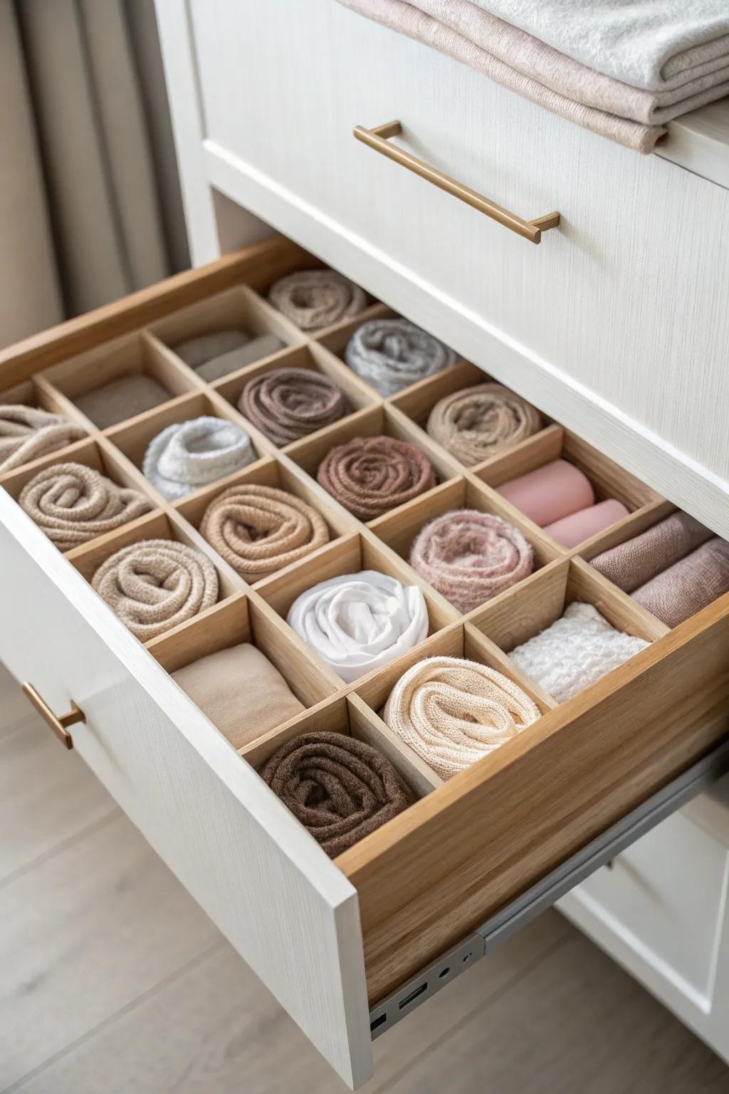 DIY plywood drawer grids keep socks and underwear tidy—simple, beautiful, chaos-free.