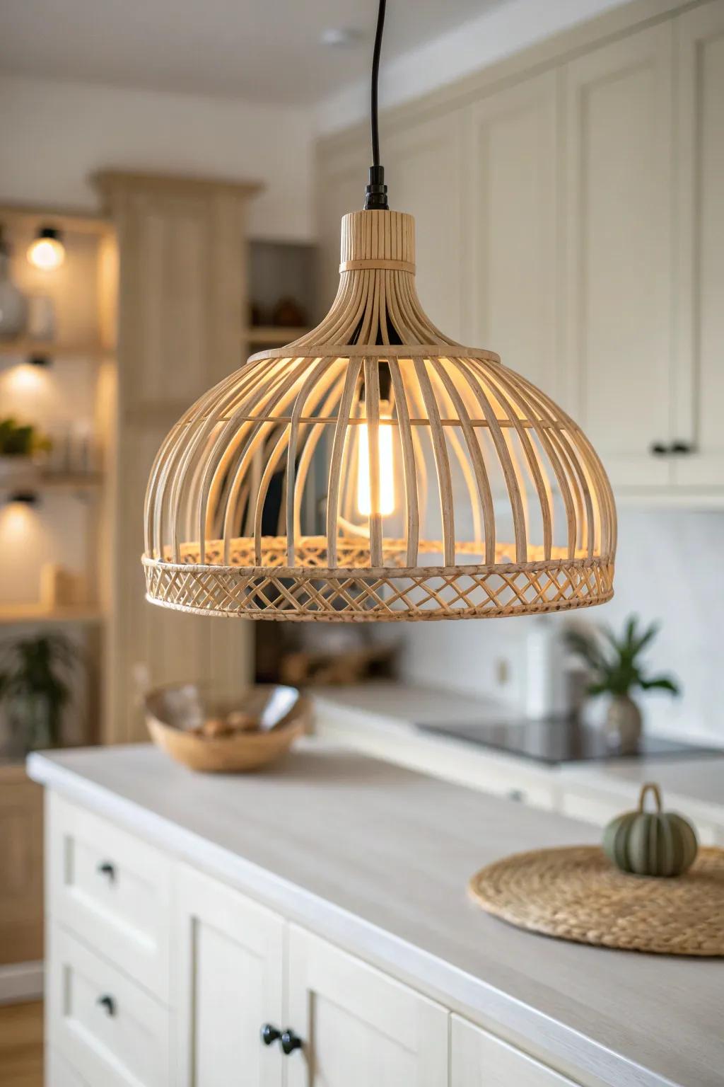 Soft-glow wood pendant lighting that turns warm white kitchens creamy, cozy, and inviting.