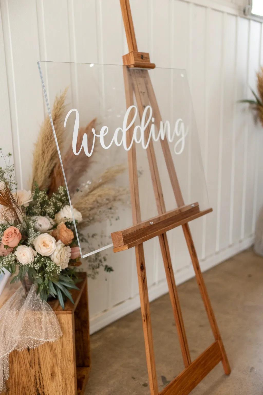 Clear acrylic sign that lets the scenery shine, paired with a warm wood easel and soft blooms.