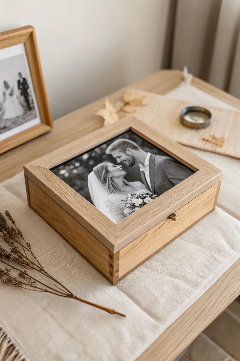A maple keepsake box with a photo-slot lid—your favorite wedding portrait always on display.