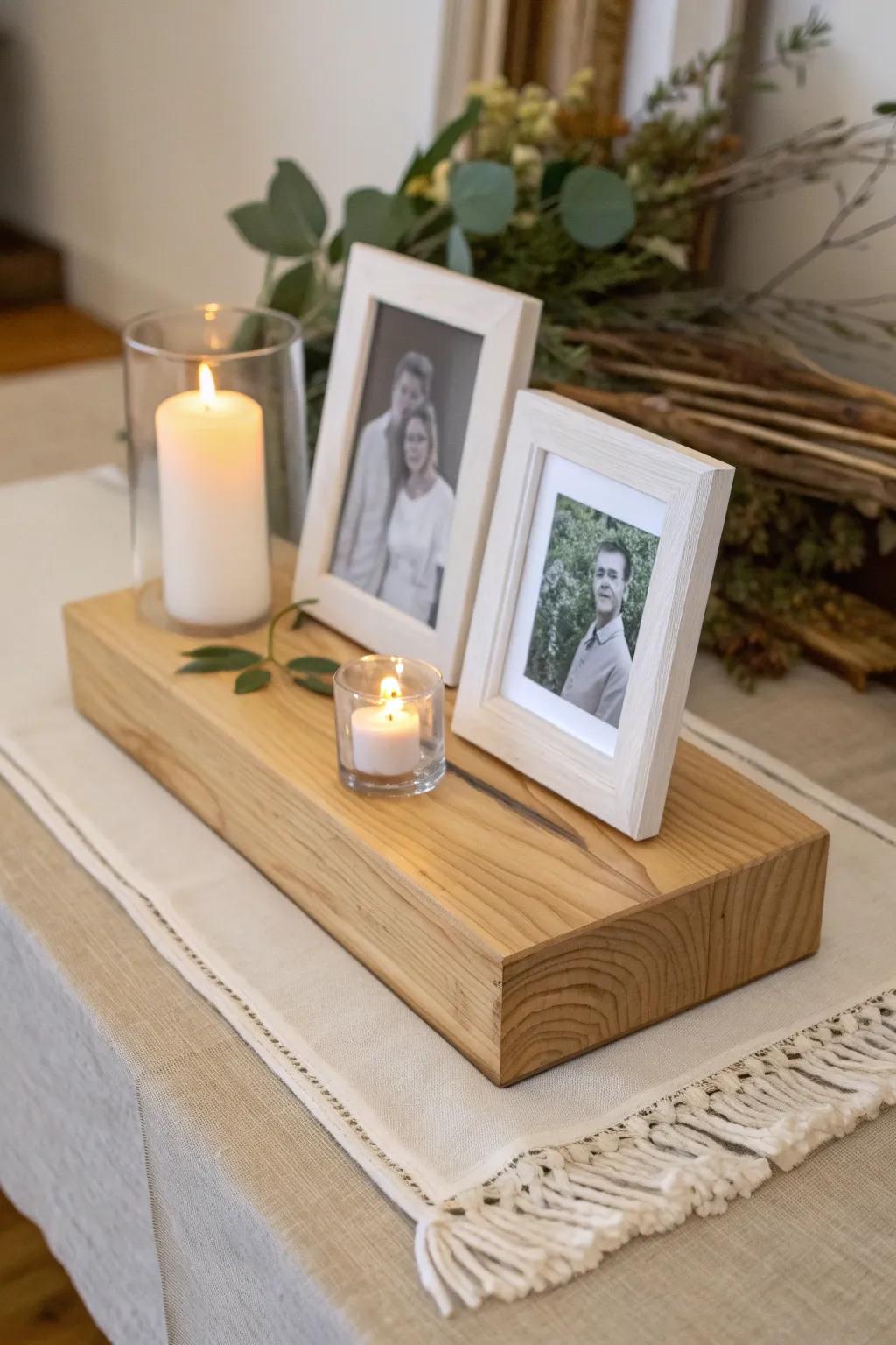 A gentle memorial photo table: simple wood riser, framed portraits, and one warm candle glow.