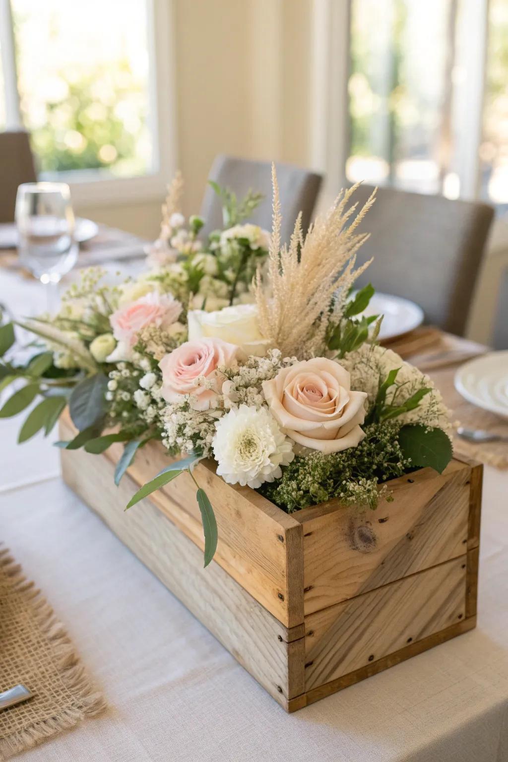 Low wooden centerpiece box with soft blush florals—grounded, reusable, and effortlessly elegant.