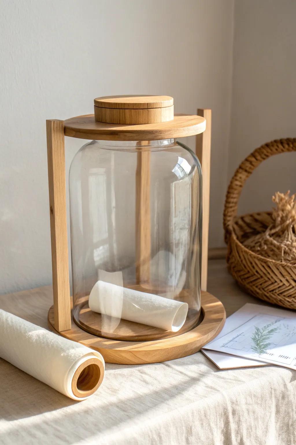 Oversized glass jar wishing well on a handmade oak stand—minimal, warm, and guest-friendly.