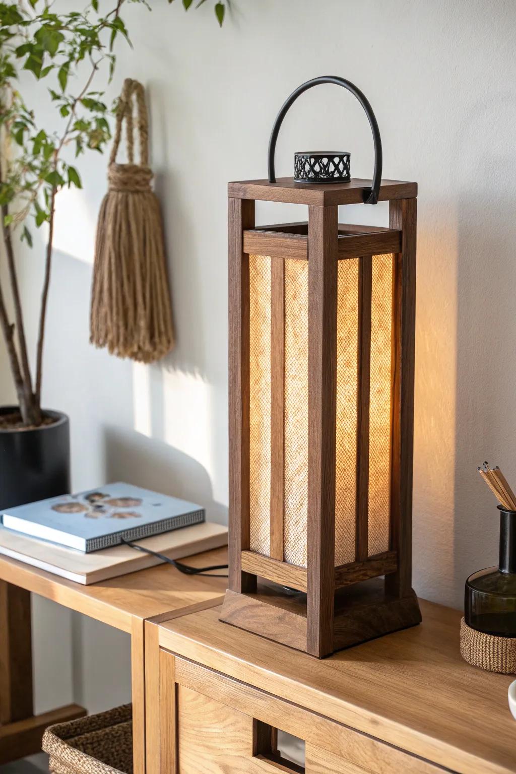 Lantern-style walnut lamp glow for a cozy western office—minimal, warm, and beautifully crafted.