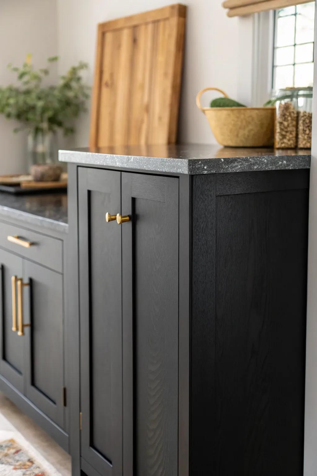 Matte black cabinets with black granite—sleek and seamless, softened by warm oak accents.