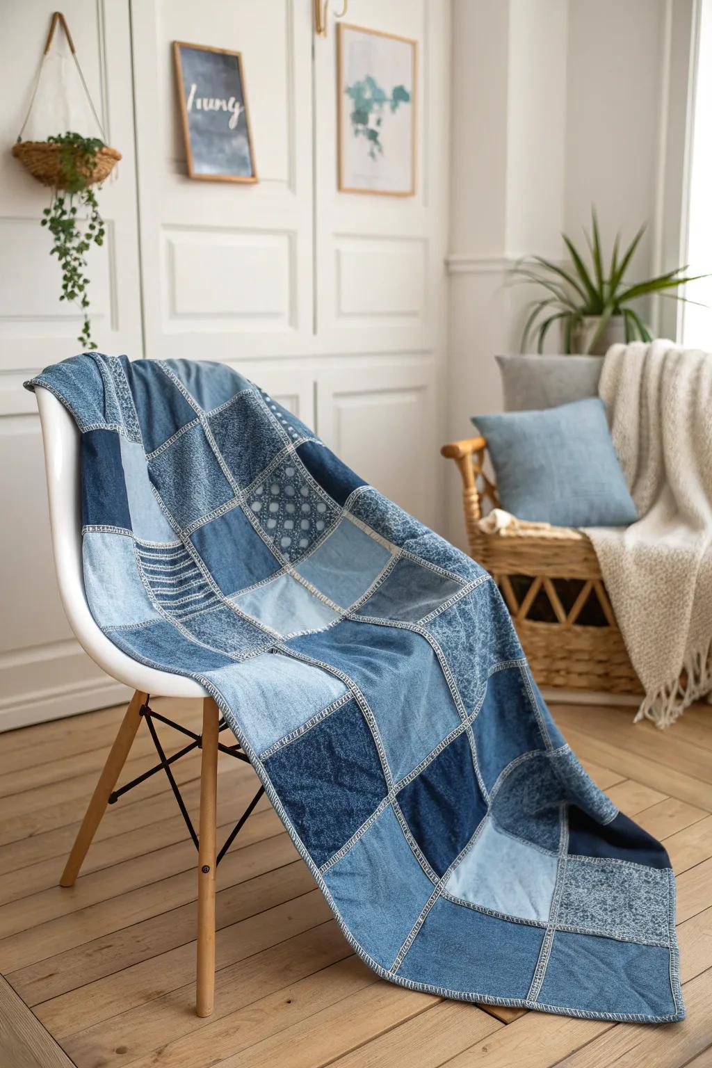 Transform your old jeans into a cozy, stylish patchwork quilt that adds a touch of sustainable elegance to your space.