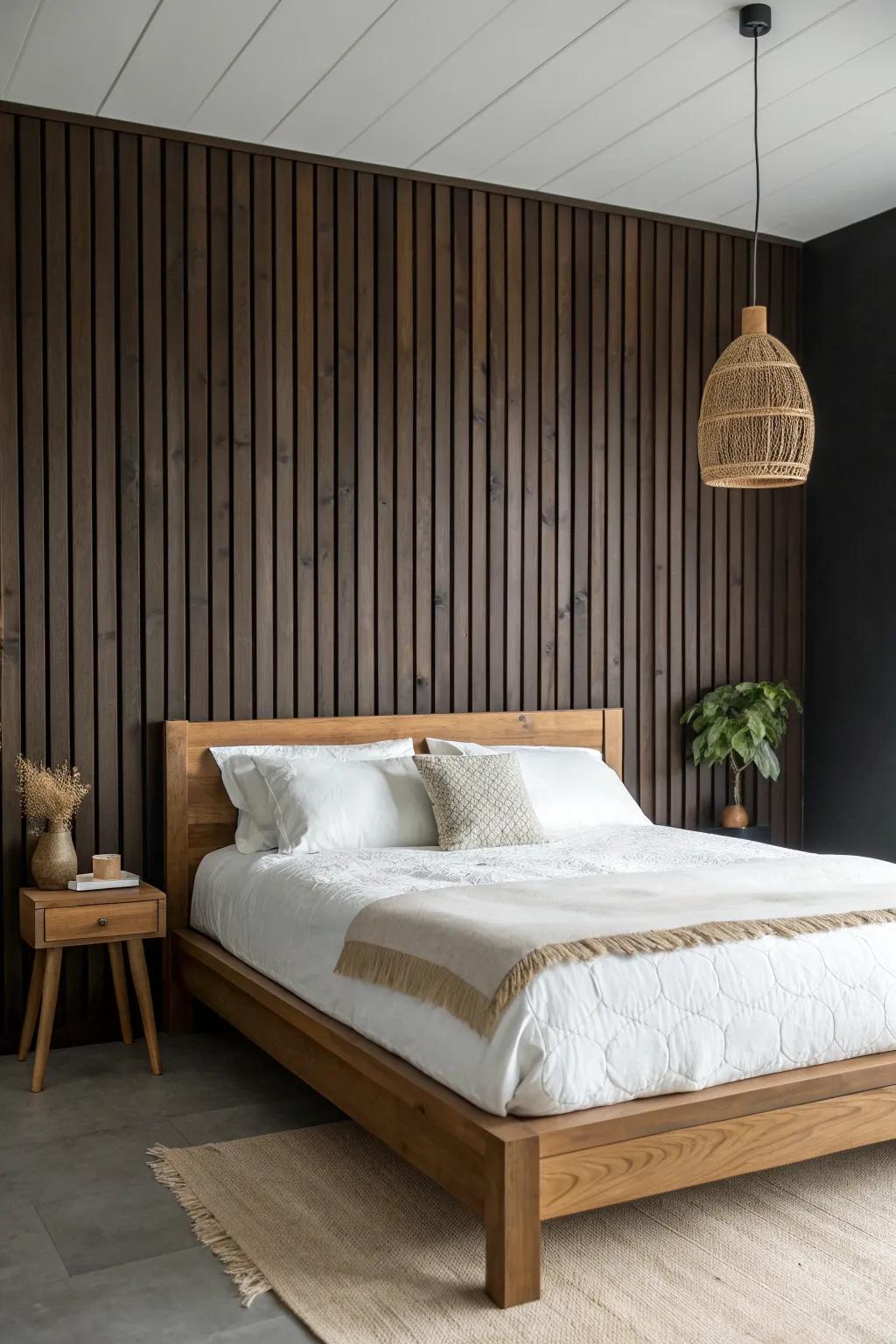 Deep brown wood accent wall makes crisp white bedding pop in a serene, minimalist bedroom.