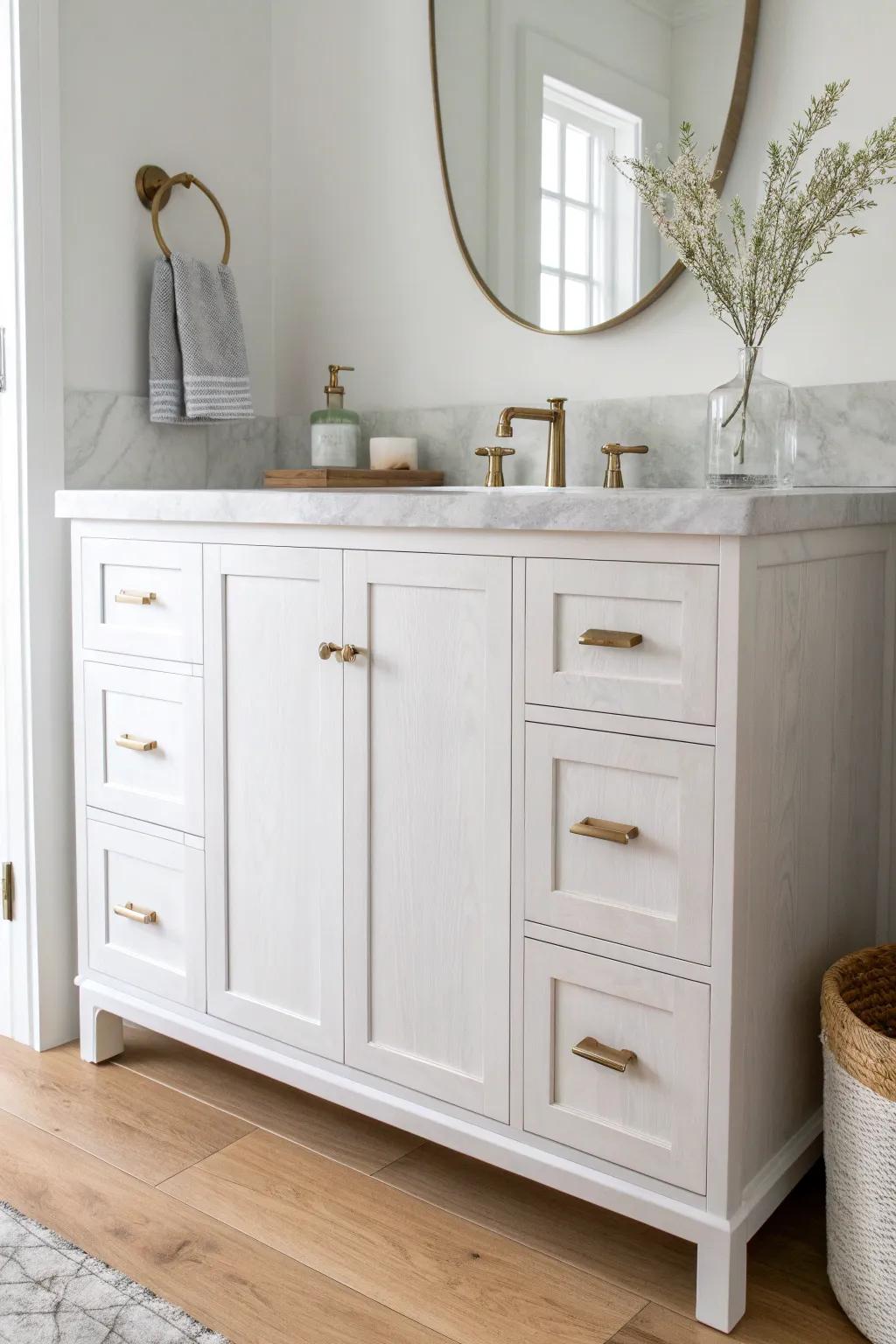 Spa-like white vanity with marble-look counter—minimal, warm, and beautifully crafted.