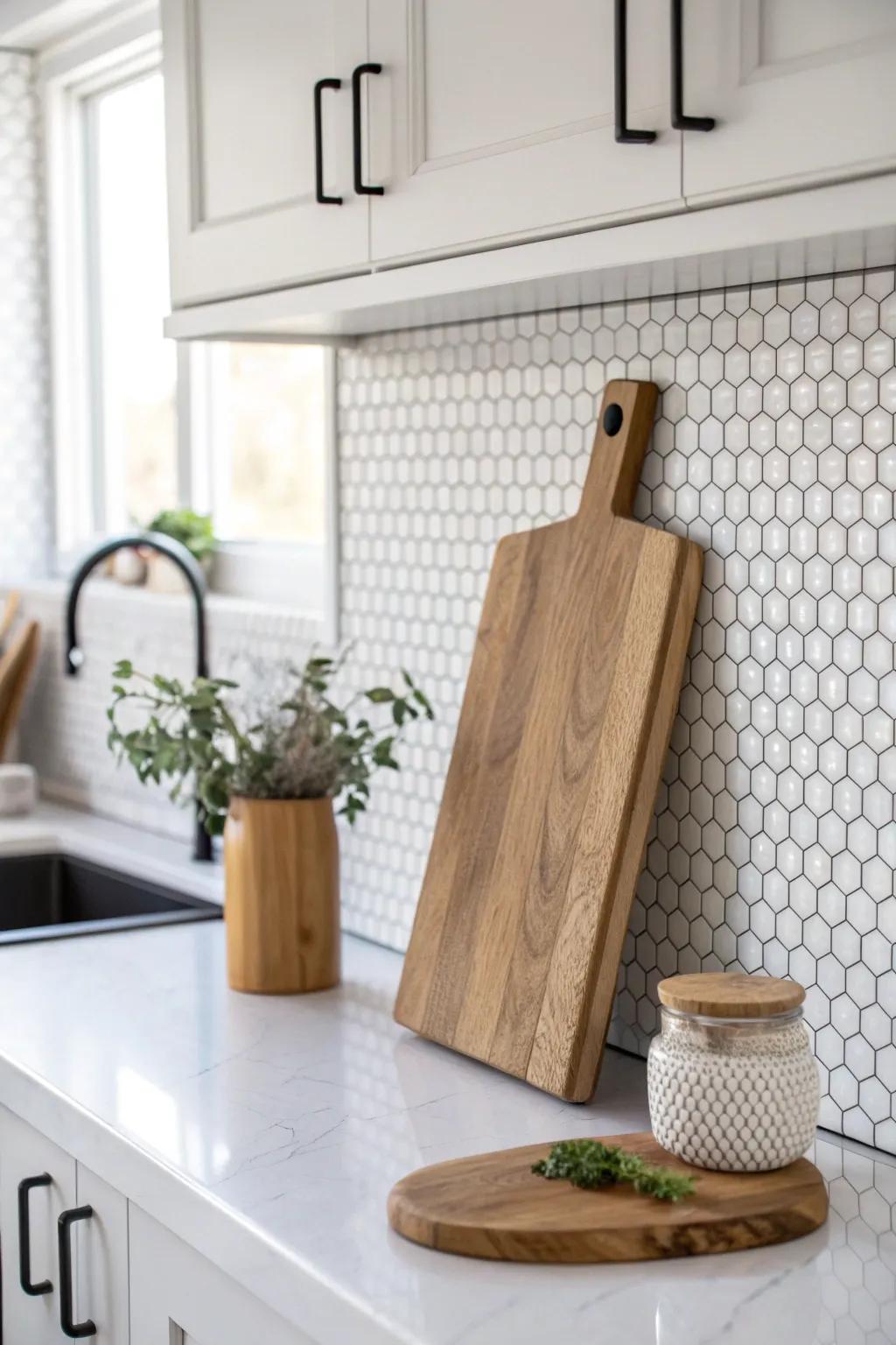 White penny tile + dark grout adds instant texture behind white cabinets and countertops.