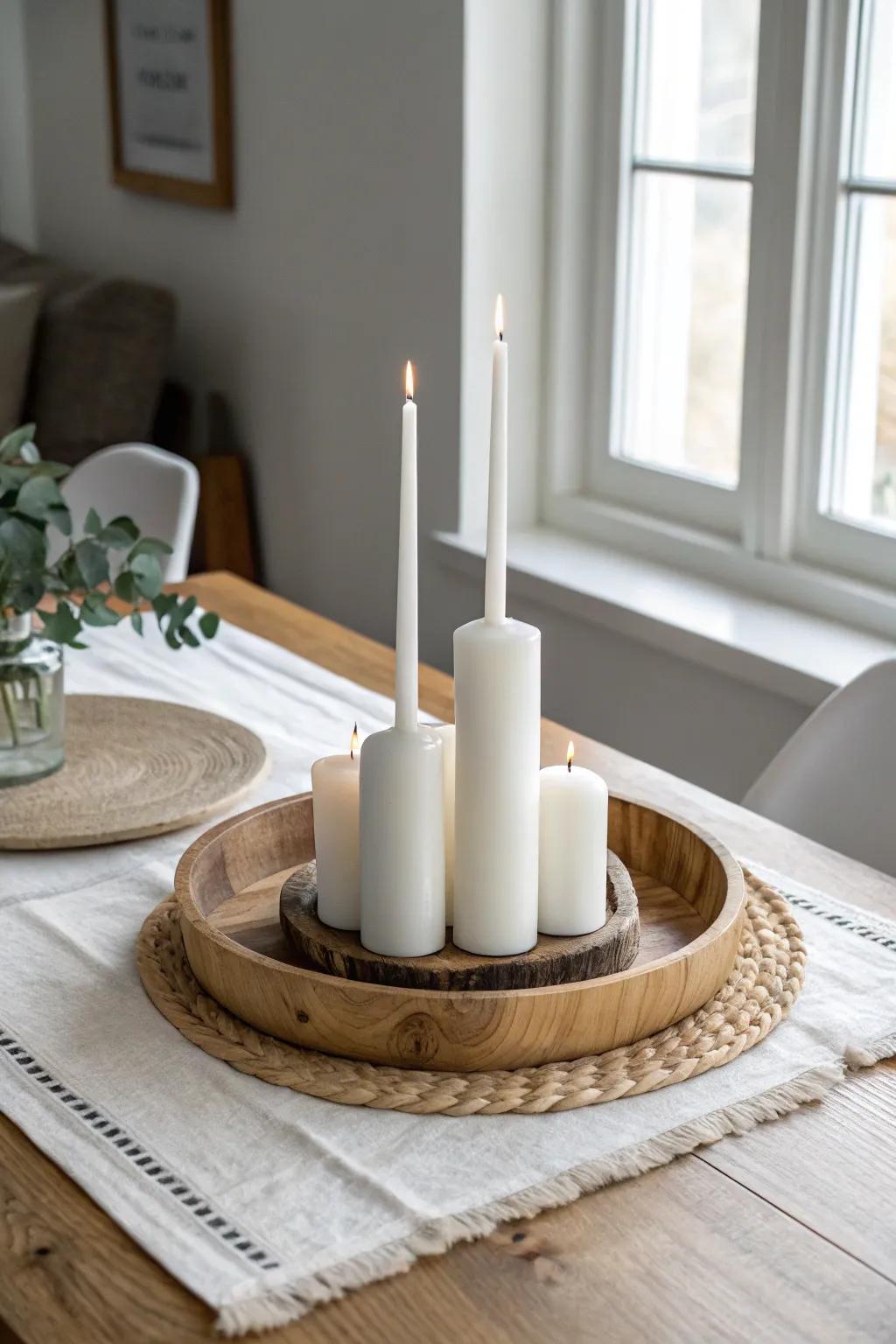 Mixed-height white candles create a cozy, styled centerpiece on a white dining table.