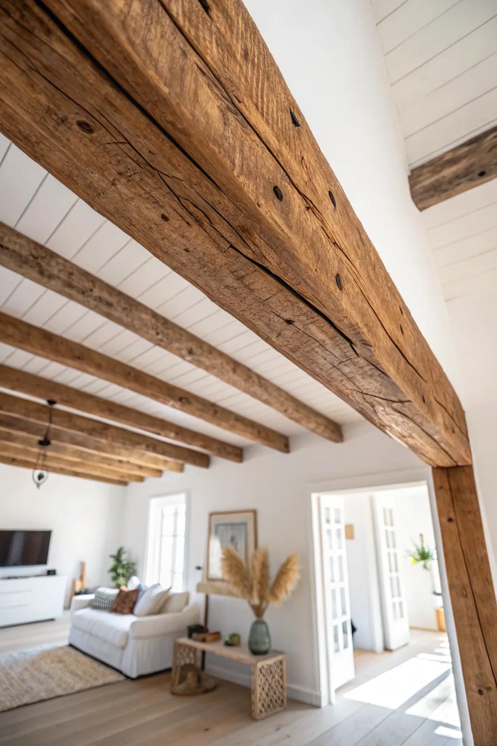 Warm reclaimed beam against a crisp white ceiling—instant farmhouse character with minimal calm.