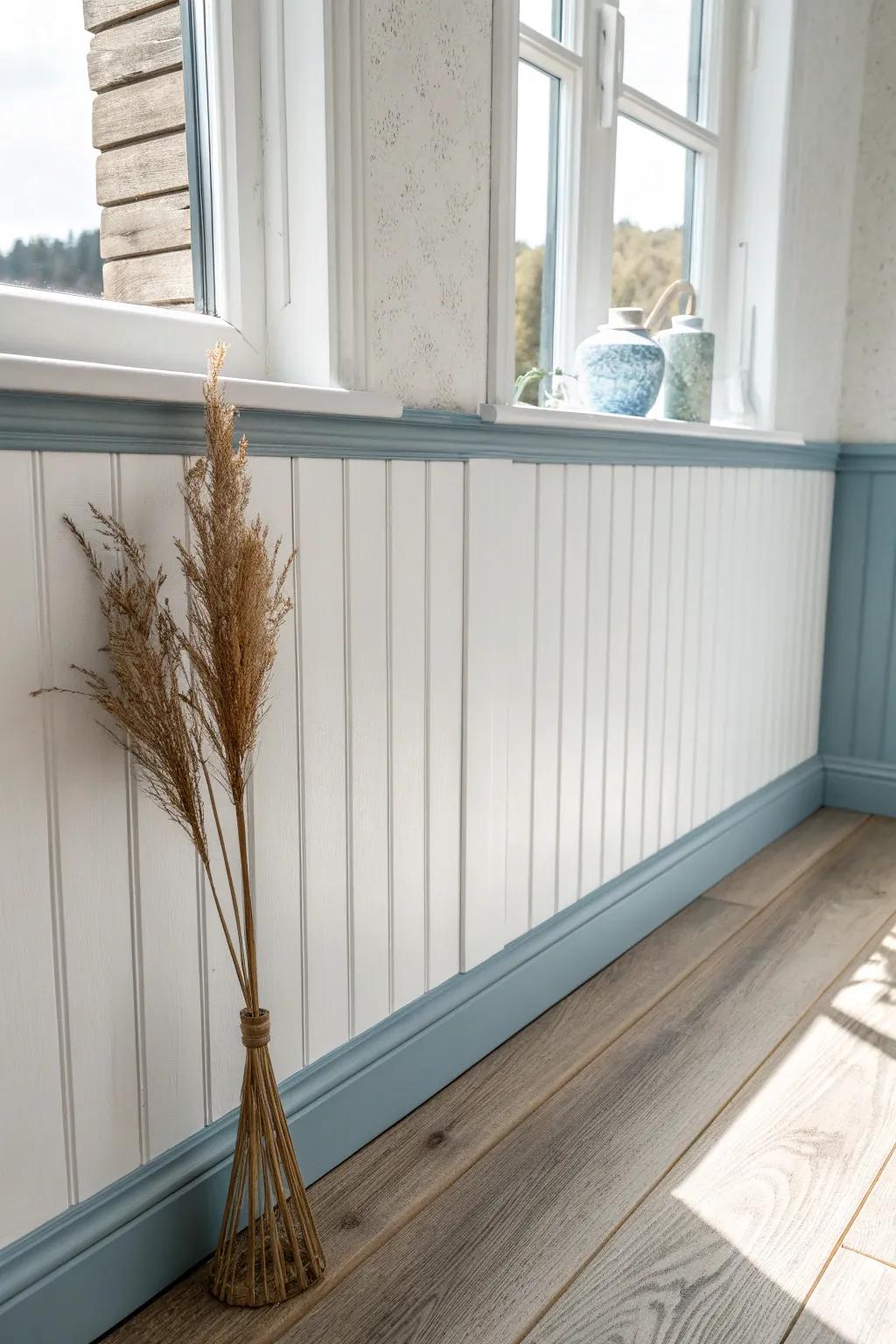 Dusty blue trim adds calm contrast to white walls—airy, minimal, and beautifully crafted.