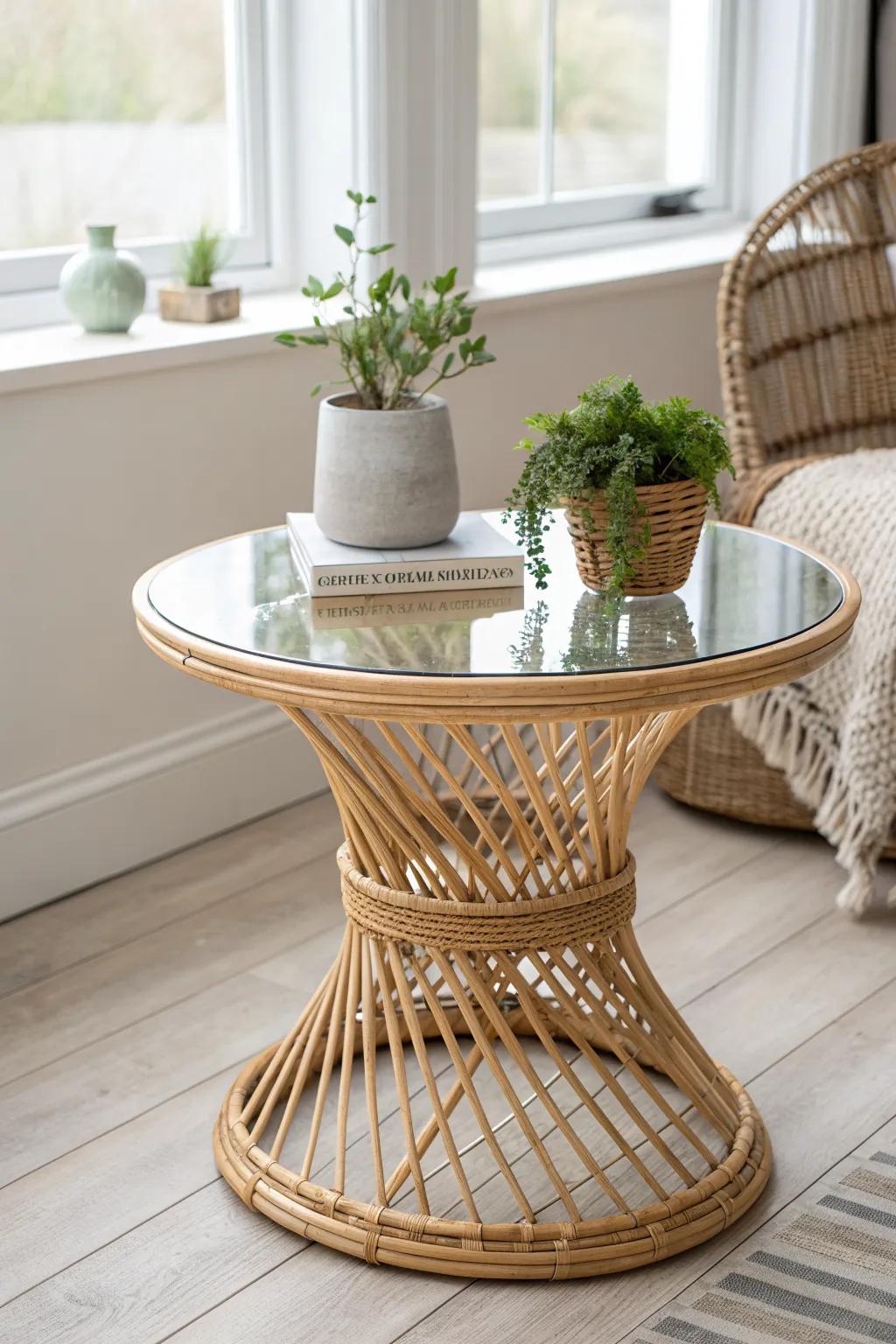 Beachy glass-top wicker coffee table—minimal, boho texture that pairs perfectly with warm wood.
