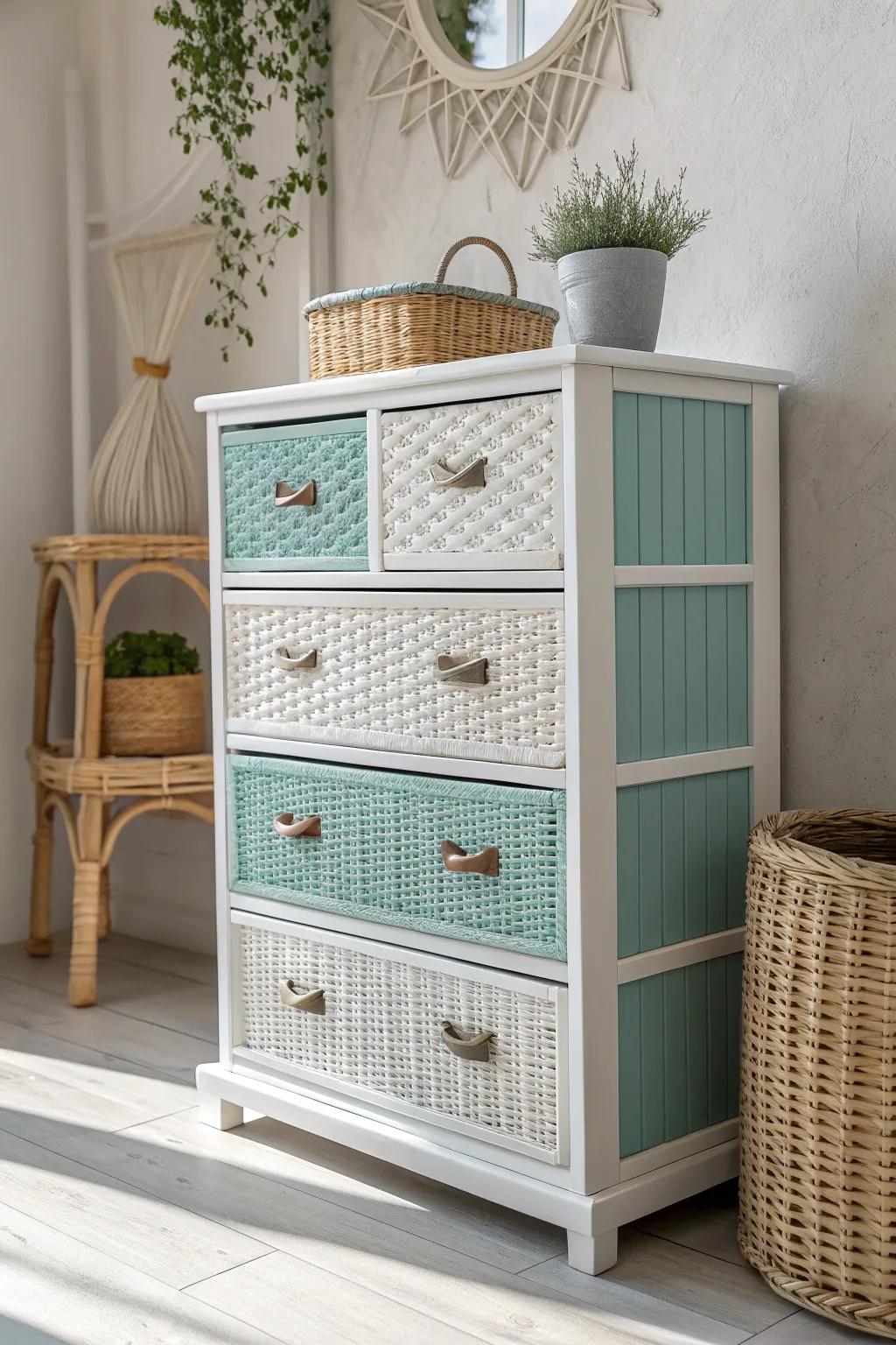 Elevate your space with a two-tone wicker dresser makeover—where craftsmanship meets Scandinavian charm.