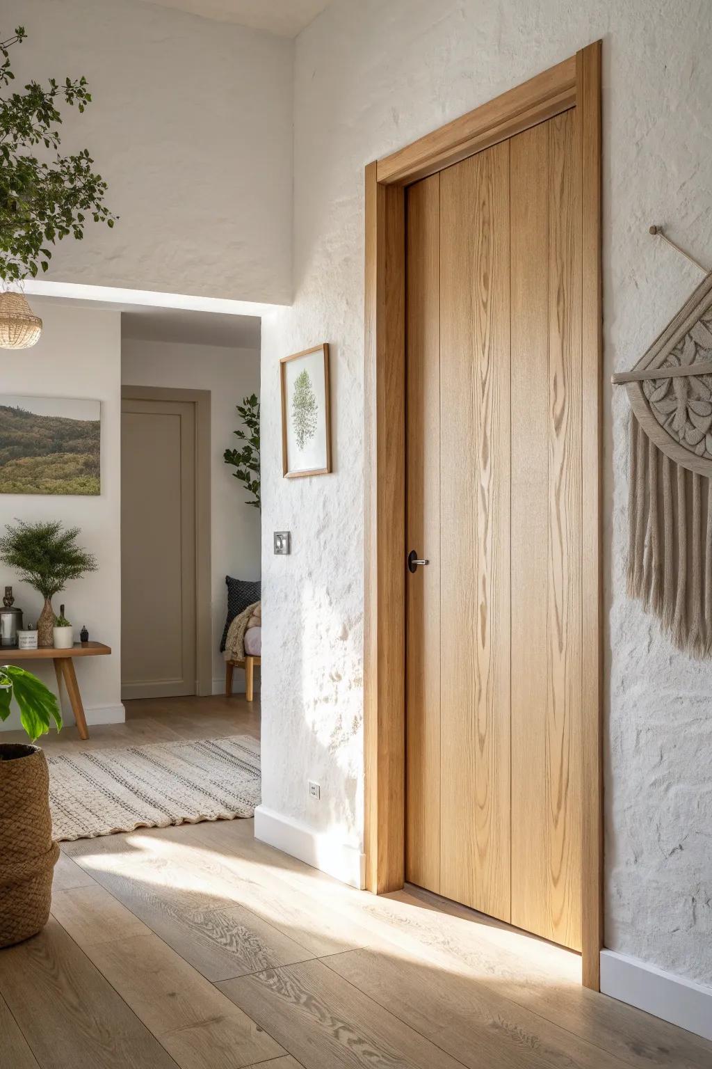A wide oak pocket door that vanishes into the wall—clean lines, more space, timeless calm.